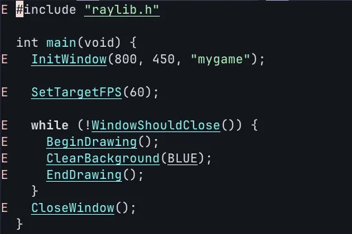 Screenshot of neovim with errors indicating that functions from raylib.h are not available.