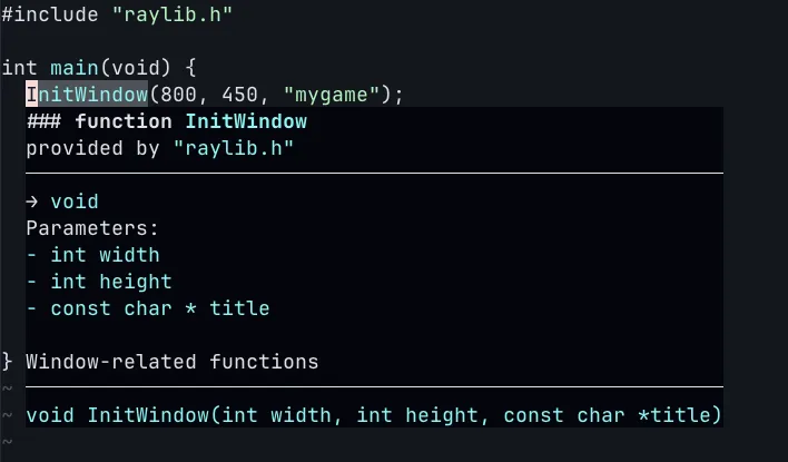 Screenshot demonstrating hover documentation for raylib functions in neovim.