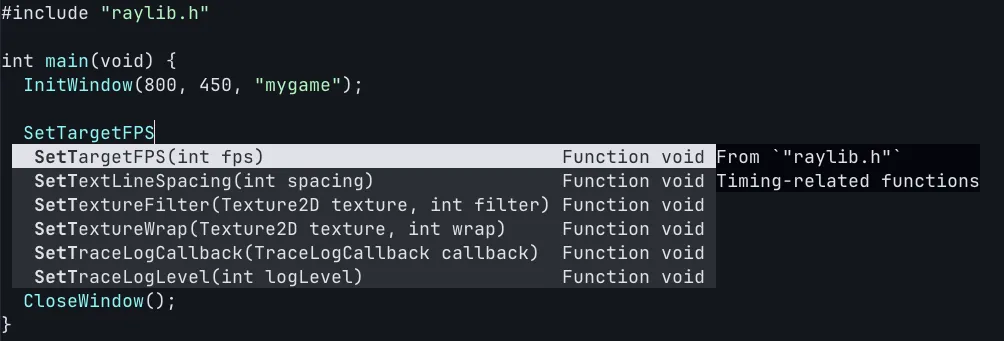 Screenshot demonstrating omnicompletion for raylib functions in neovim.