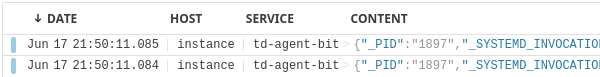 Datadog logs showing filled in host and service fields